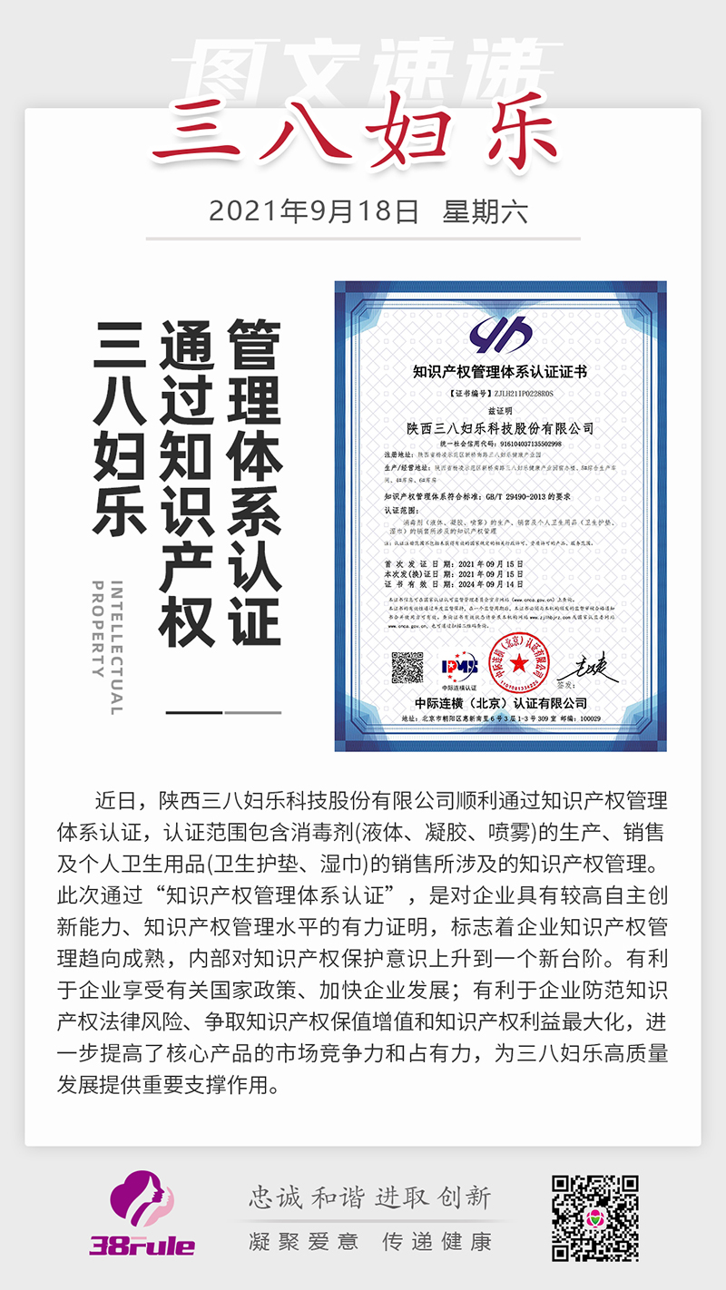 三八婦樂通過知識產(chǎn)權(quán)管理體系認(rèn)證