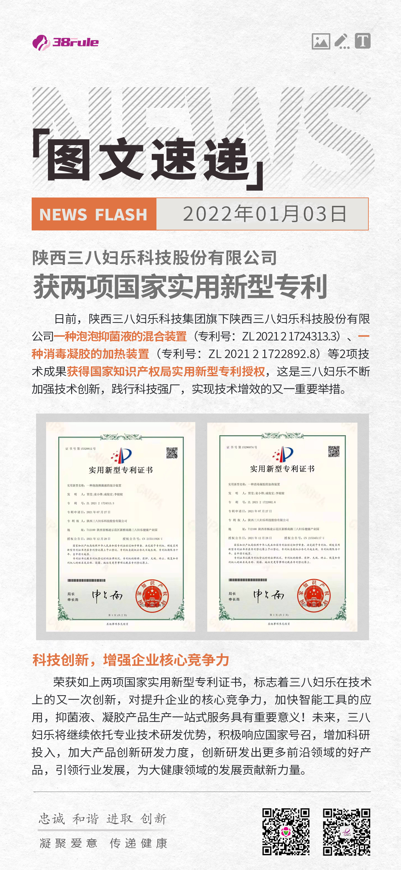 陜西三八婦樂科技股份有限公司獲兩項(xiàng)國家實(shí)用新型專利